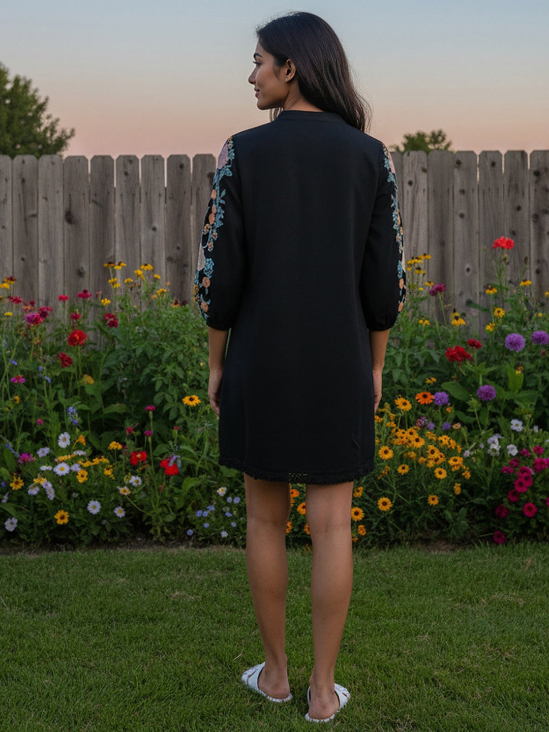 Rayon Floral Embroidered Short Dress