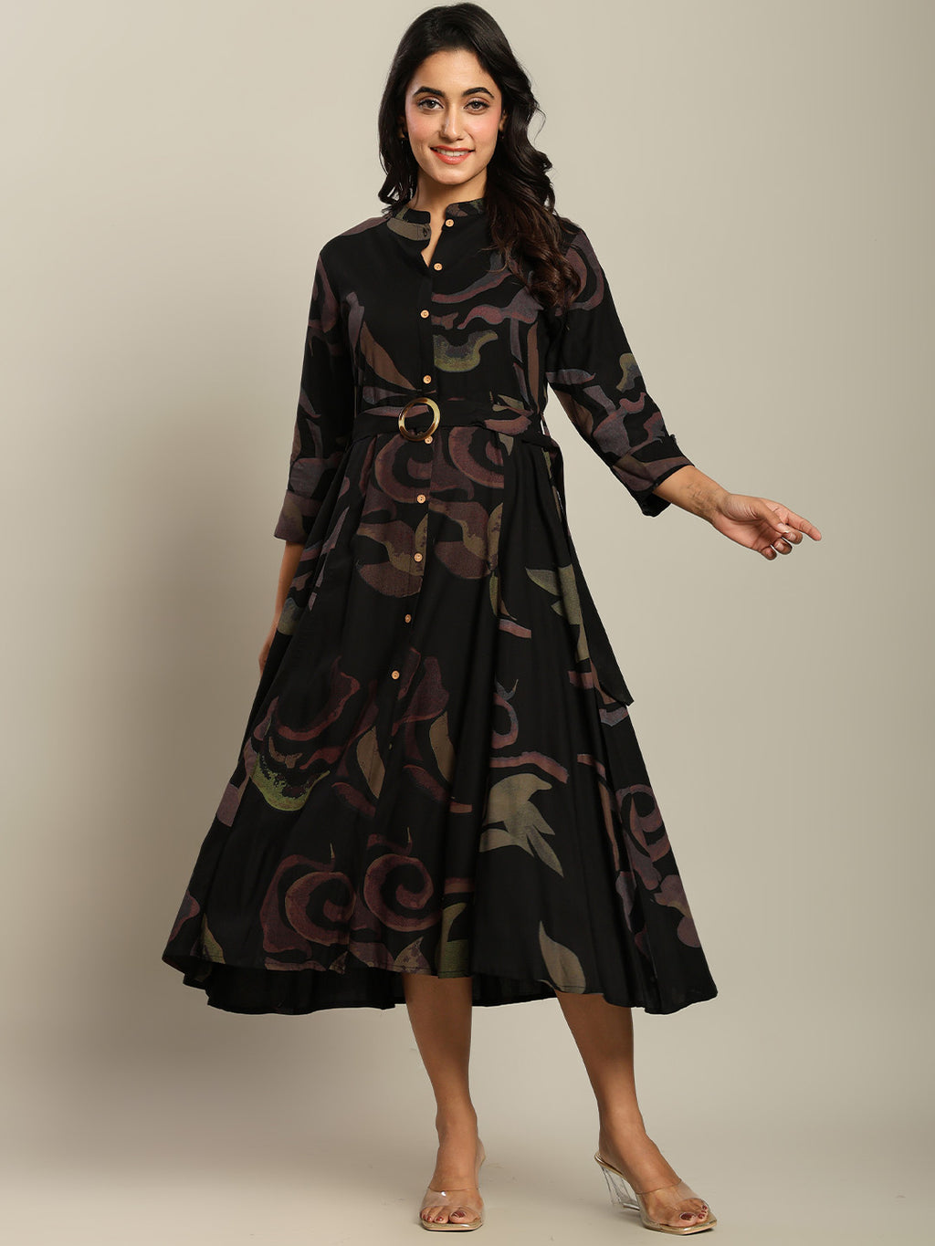 Rayon Printed Fit And Flare Midi Dress