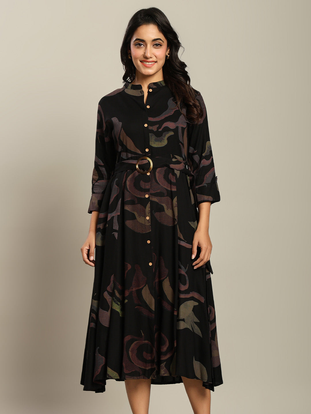 Rayon Printed Fit And Flare Midi Dress