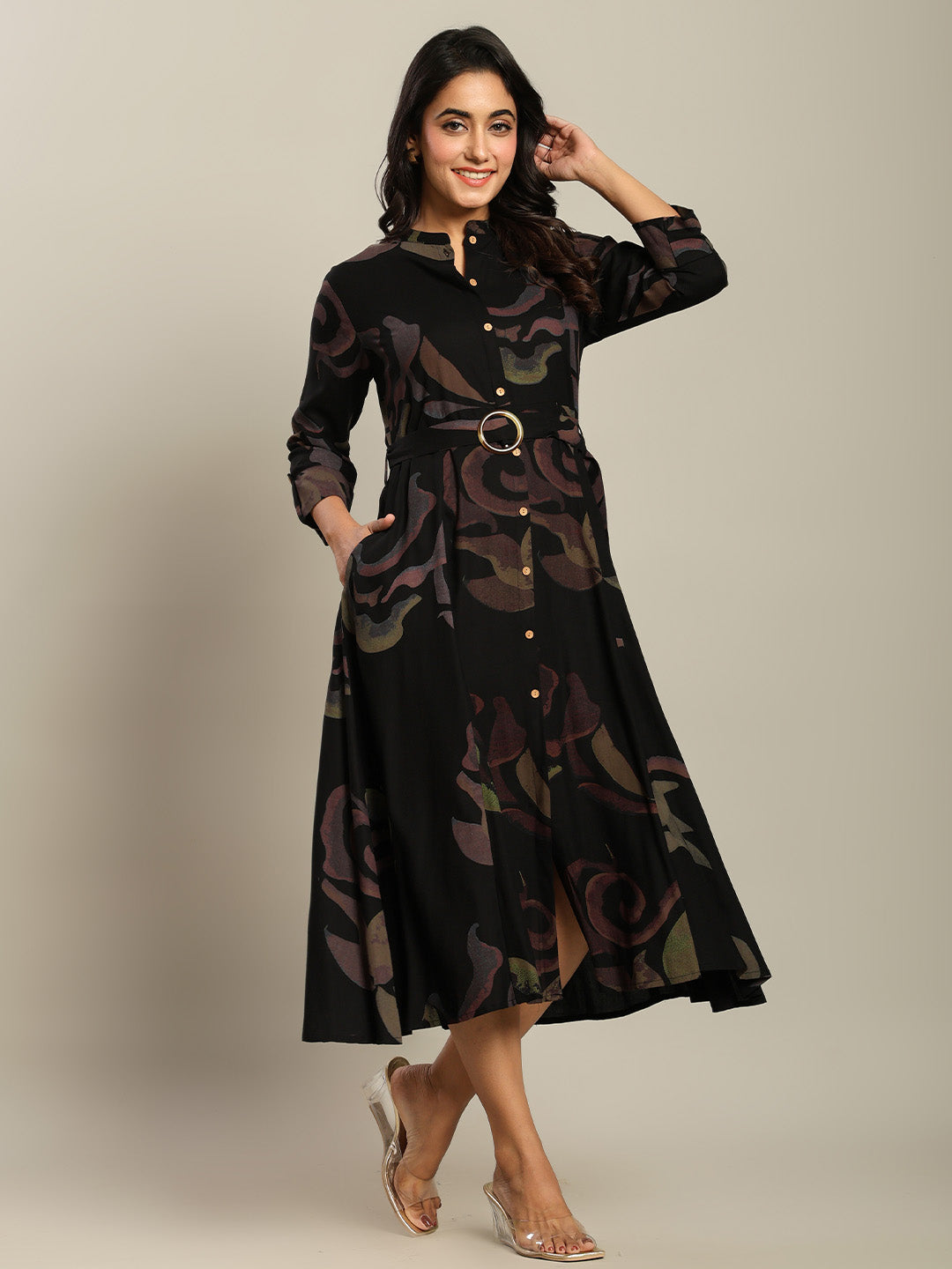 Rayon Printed Fit And Flare Midi Dress