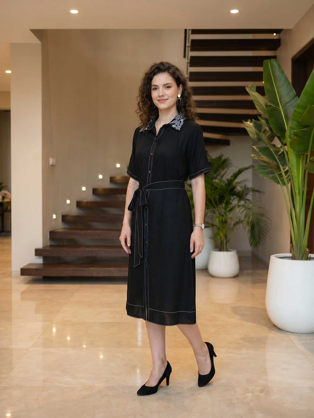Zummer Women Black Embroidered Shirt Dress