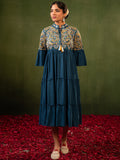 Zummer Women's Blue Floral Embroidered Fit & Flare Midi Dress with Flared Sleeves