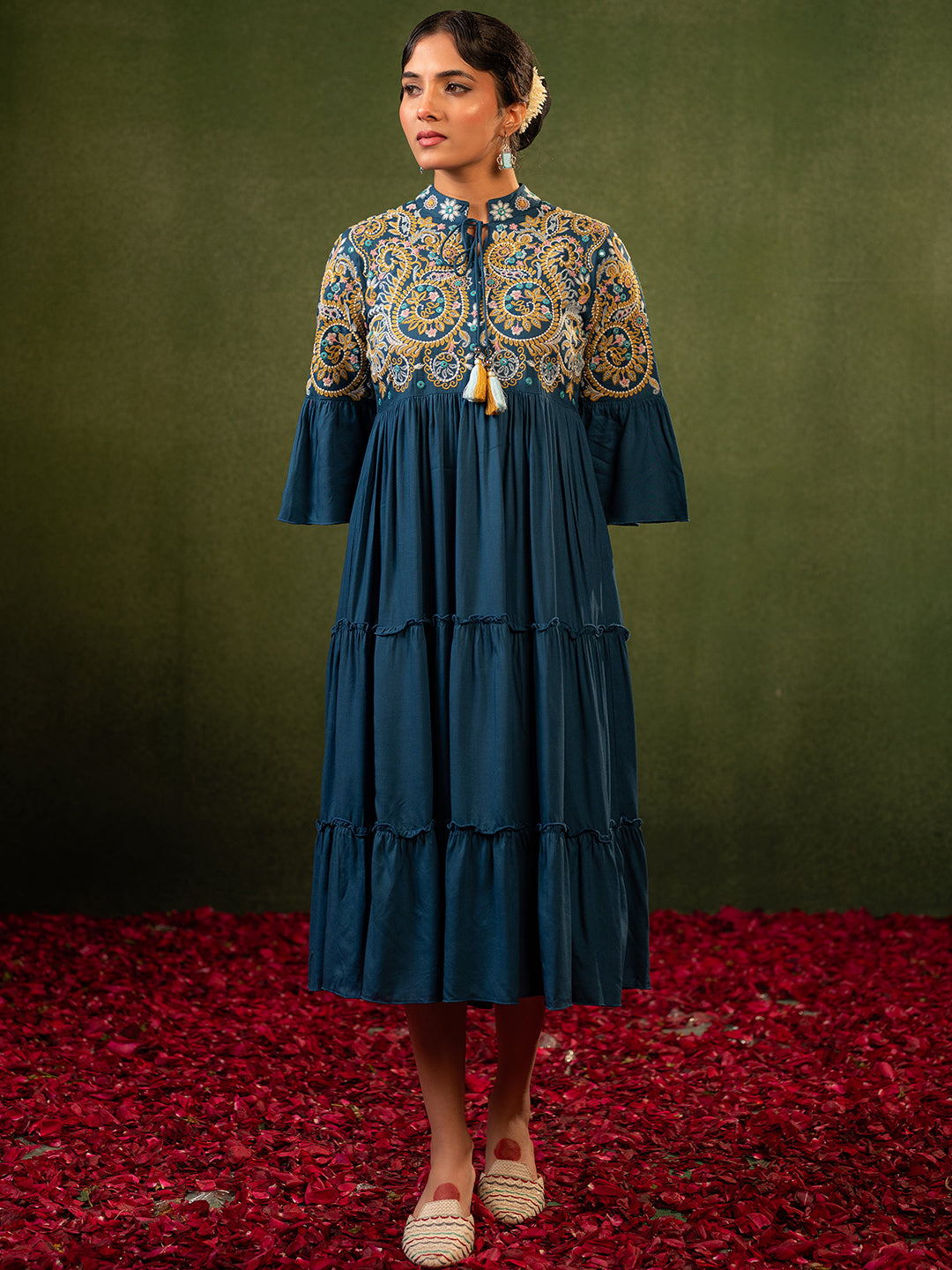Zummer Women's Blue Floral Embroidered Fit & Flare Midi Dress with Flared Sleeves