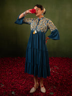 Zummer Women's Blue Floral Embroidered Fit & Flare Midi Dress with Flared Sleeves