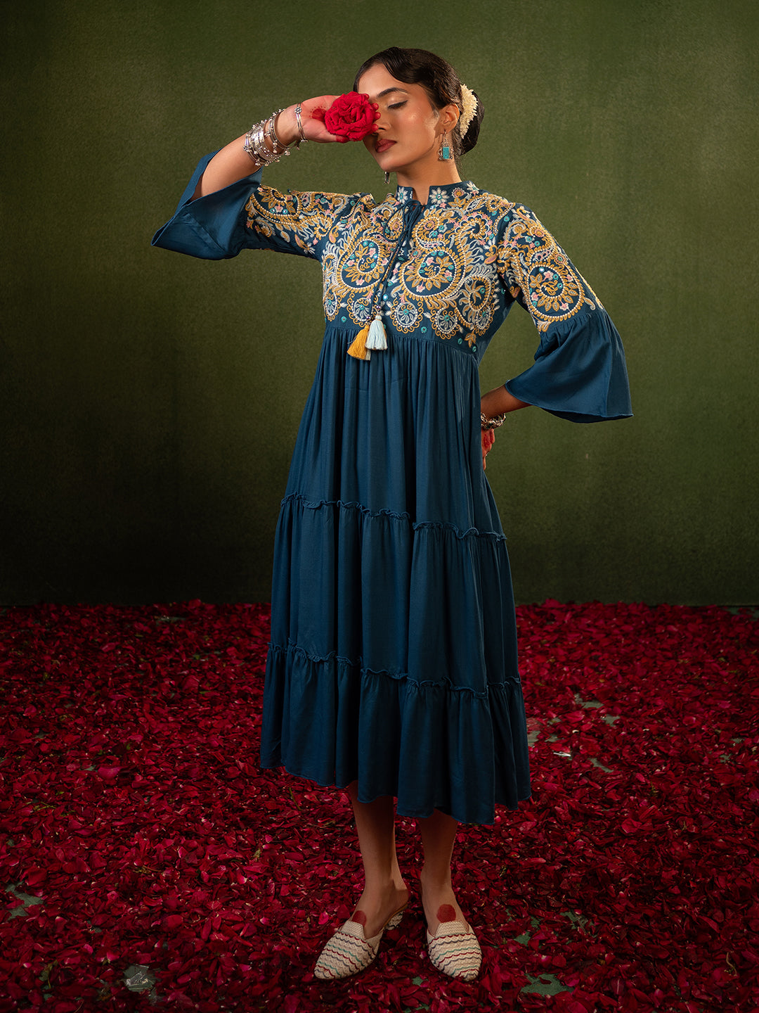 Zummer Women's Blue Floral Embroidered Fit & Flare Midi Dress with Flared Sleeves
