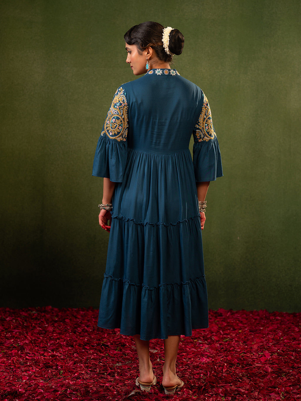 Zummer Women's Blue Floral Embroidered Fit & Flare Midi Dress with Flared Sleeves