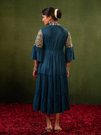 Zummer Women's Blue Floral Embroidered Fit & Flare Midi Dress with Flared Sleeves
