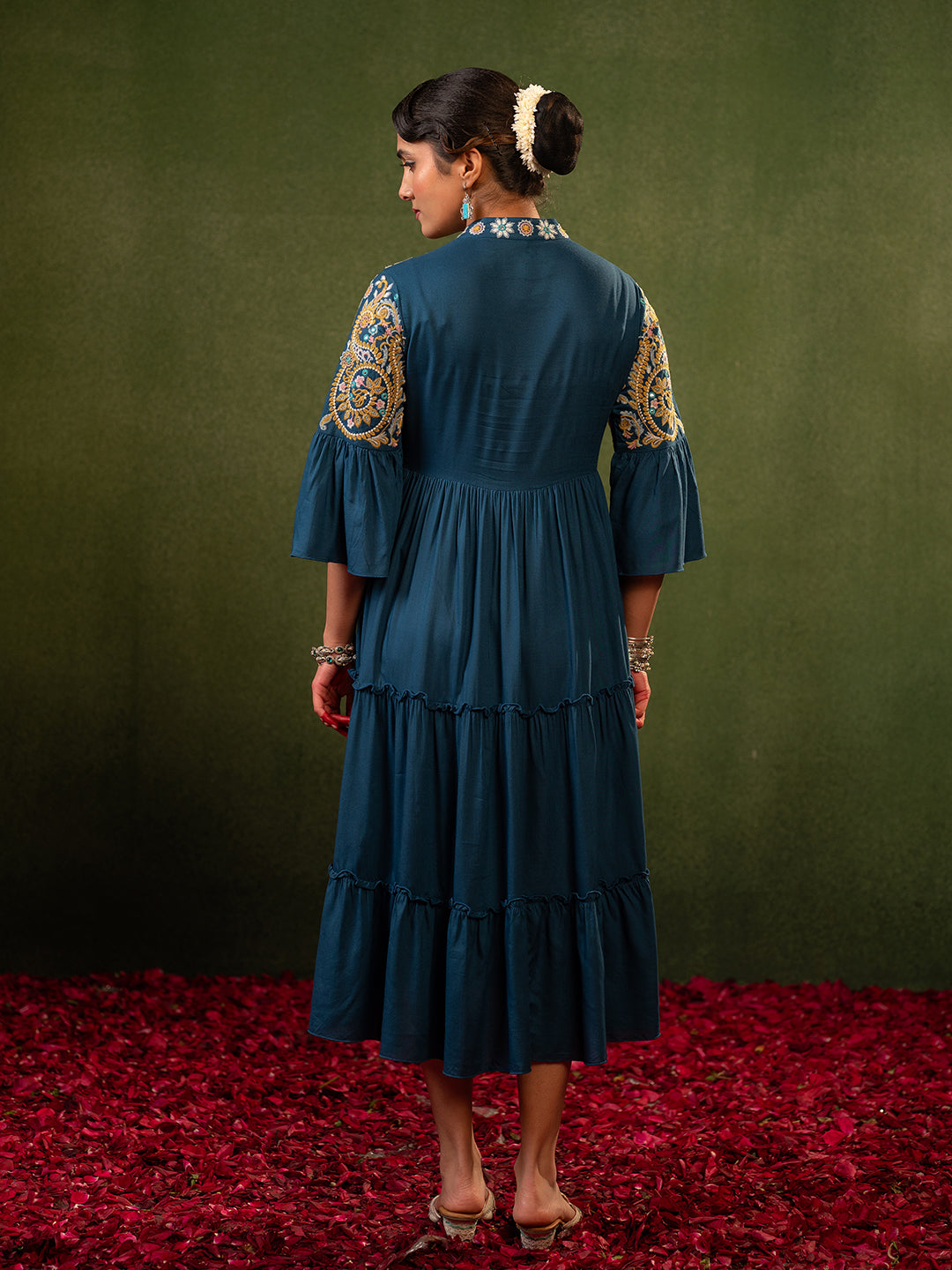 Zummer Women's Blue Floral Embroidered Fit & Flare Midi Dress with Flared Sleeves