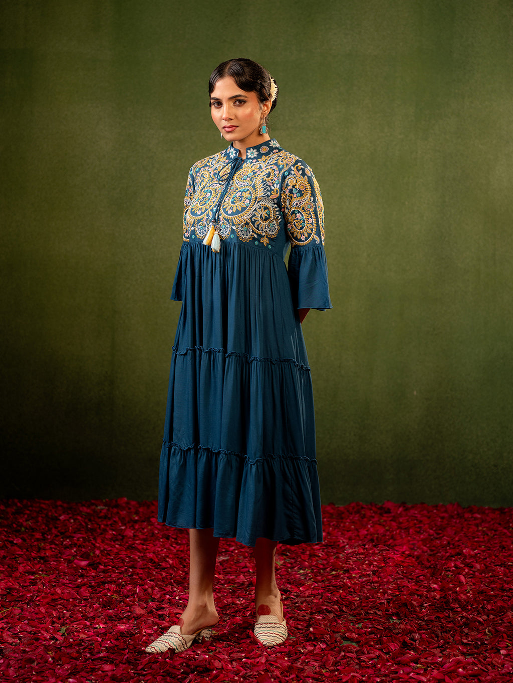 Zummer Women's Blue Floral Embroidered Fit & Flare Midi Dress with Flared Sleeves