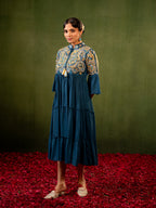 Zummer Women's Blue Floral Embroidered Fit & Flare Midi Dress with Flared Sleeves
