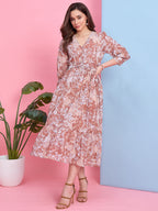 Zummer Beige & Brown Floral Printed Midi Dress