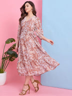 Zummer Beige & Brown Floral Printed Midi Dress