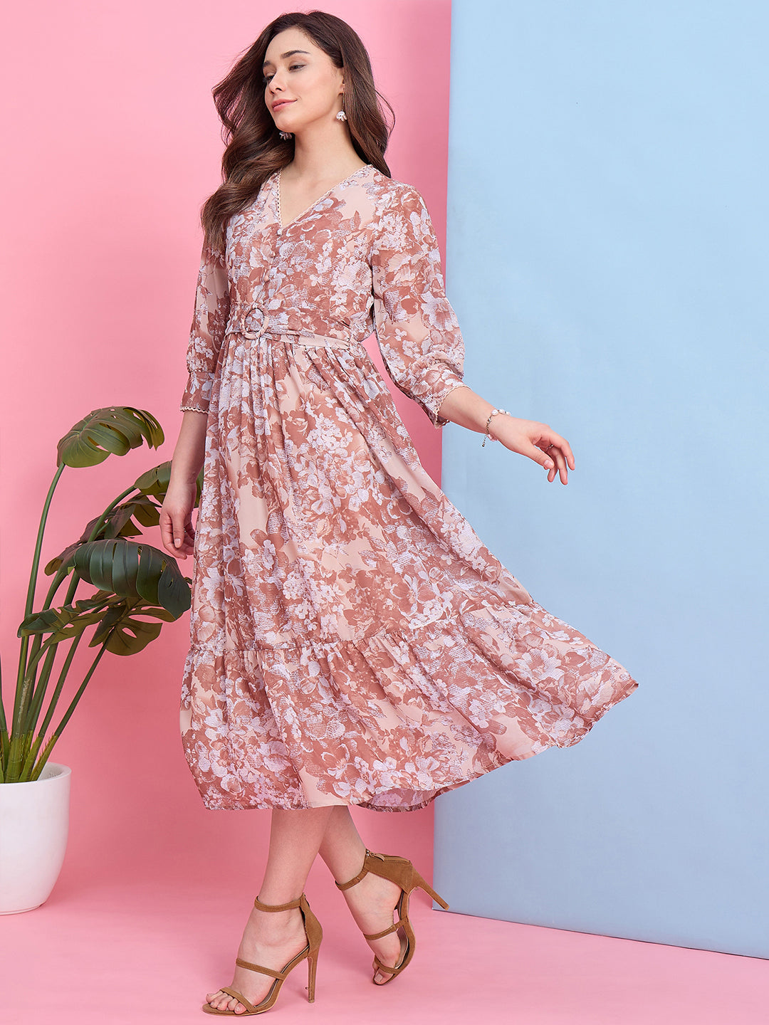 Zummer Beige & Brown Floral Printed Midi Dress