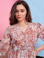 Zummer Beige & Brown Floral Printed Midi Dress