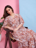 Zummer Beige & Brown Floral Printed Midi Dress