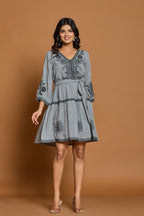 Rayon Embroidered Fit And Flare Short Dress