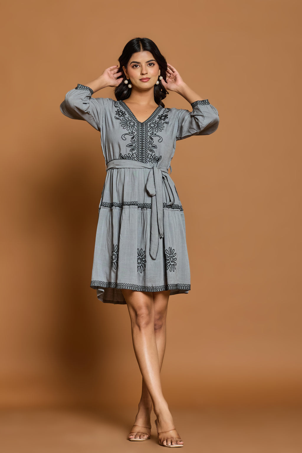 Rayon Embroidered Fit And Flare Short Dress