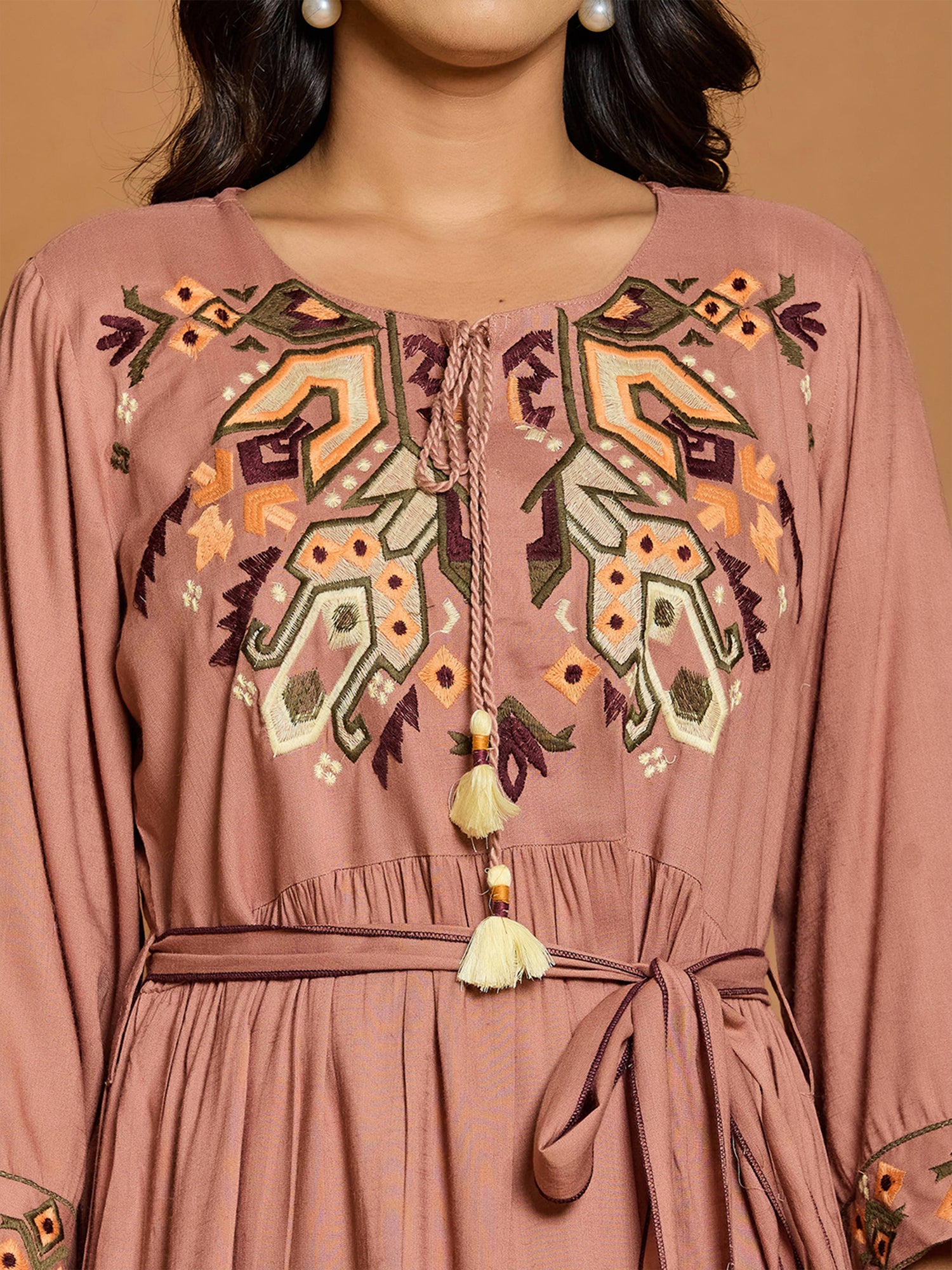 Rayon Embroidered Fit And Flare Short Dress