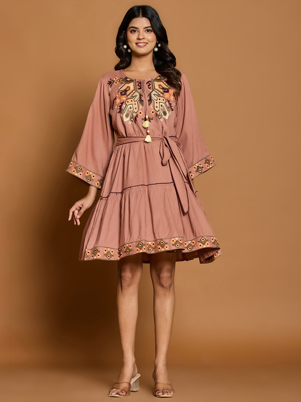 Rayon Embroidered Fit And Flare Short Dress