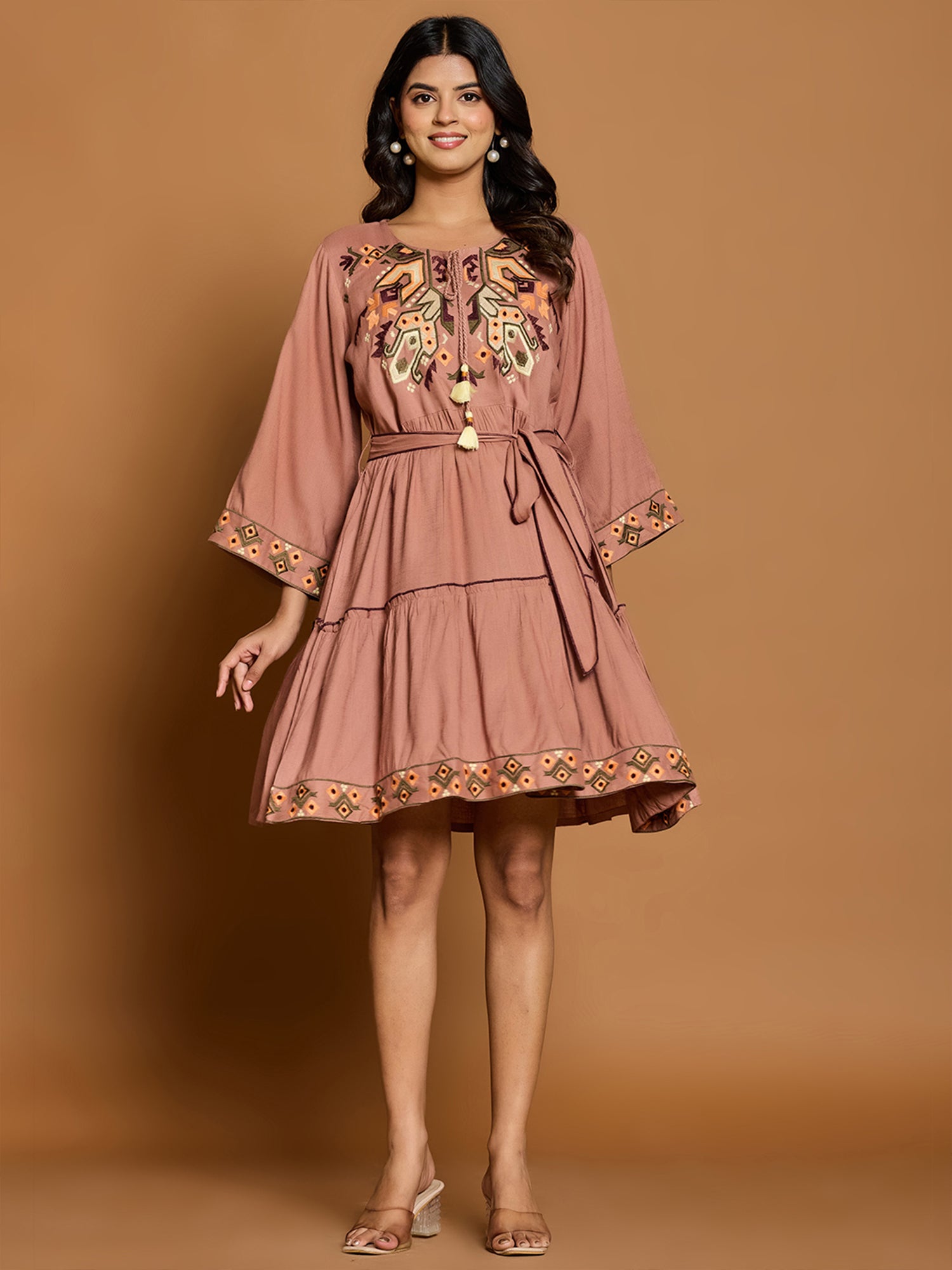 Rayon Embroidered Fit And Flare Short Dress
