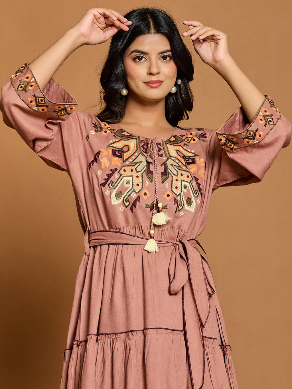 Rayon Embroidered Fit And Flare Short Dress