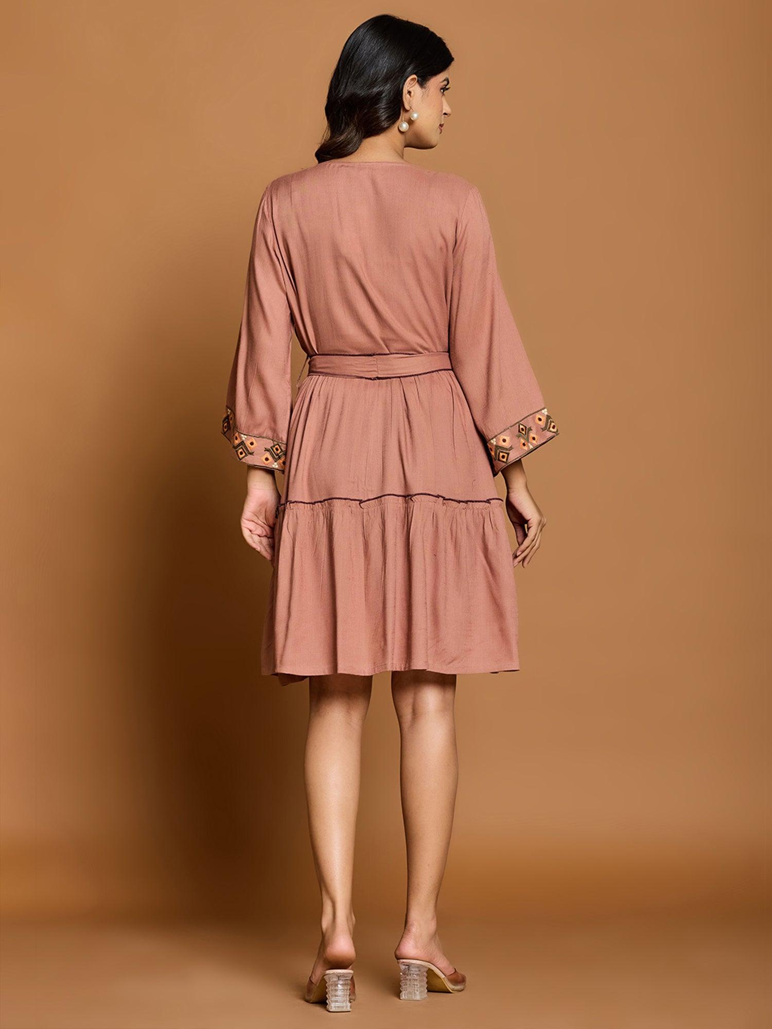 Rayon Embroidered Fit And Flare Short Dress