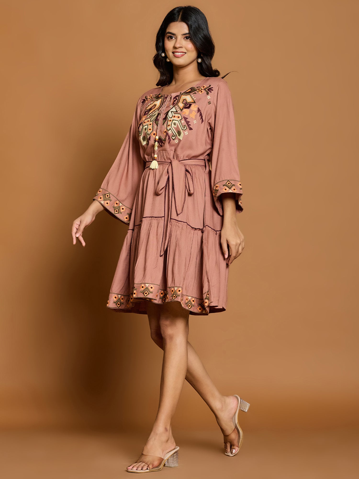 Rayon Embroidered Fit And Flare Short Dress