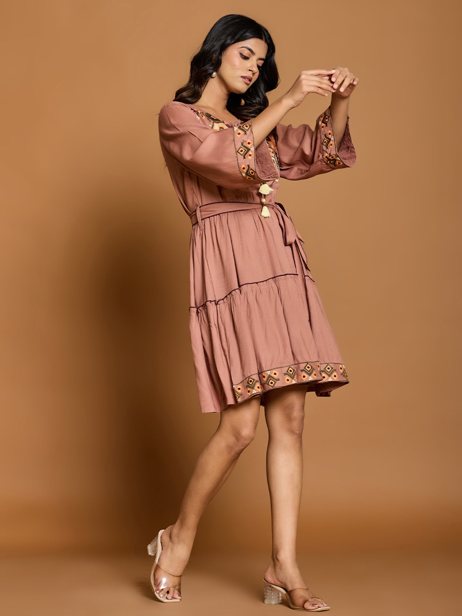 Rayon Embroidered Fit And Flare Short Dress