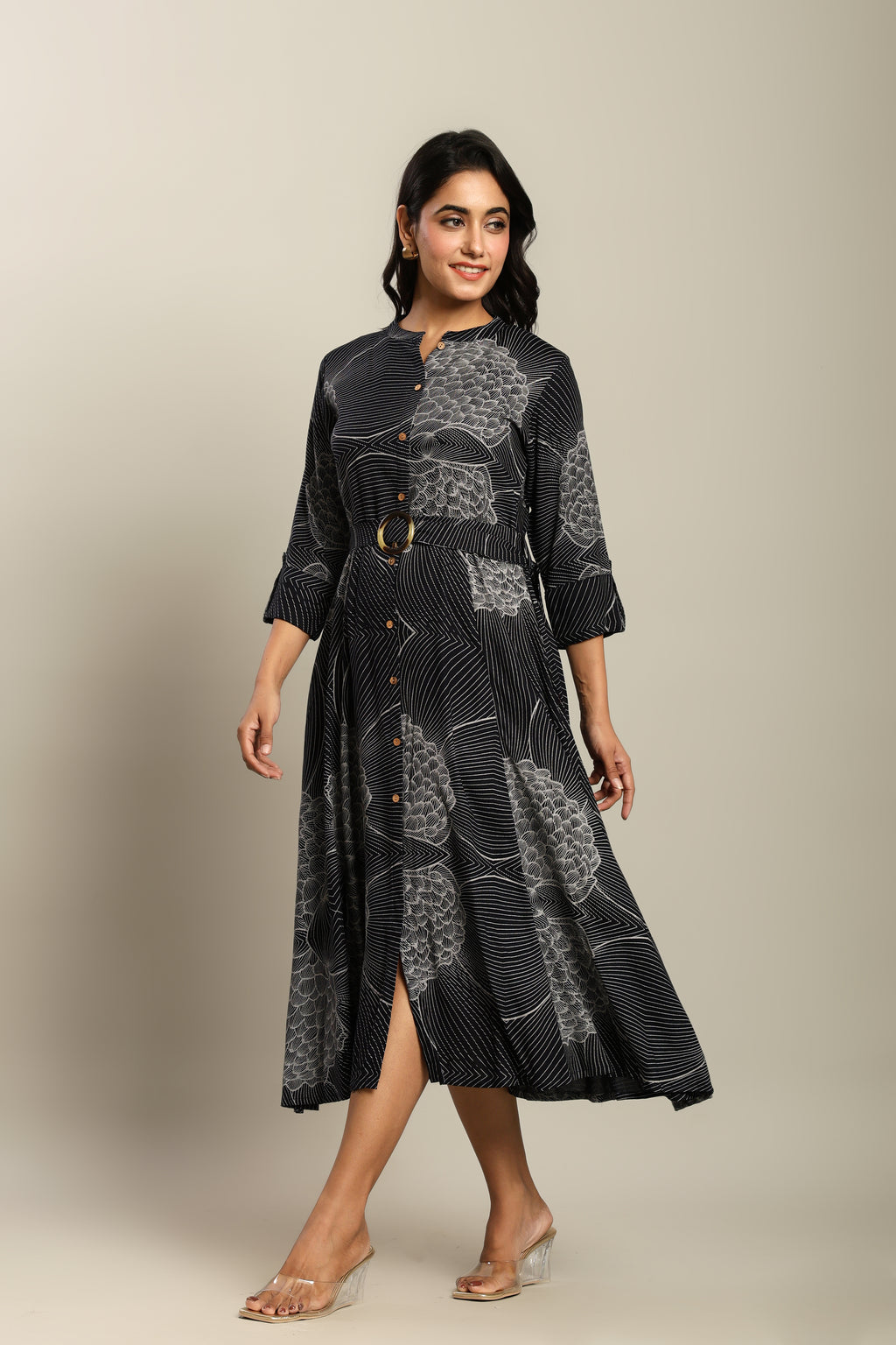 Rayon Printed Fit And Flare Midi Dress