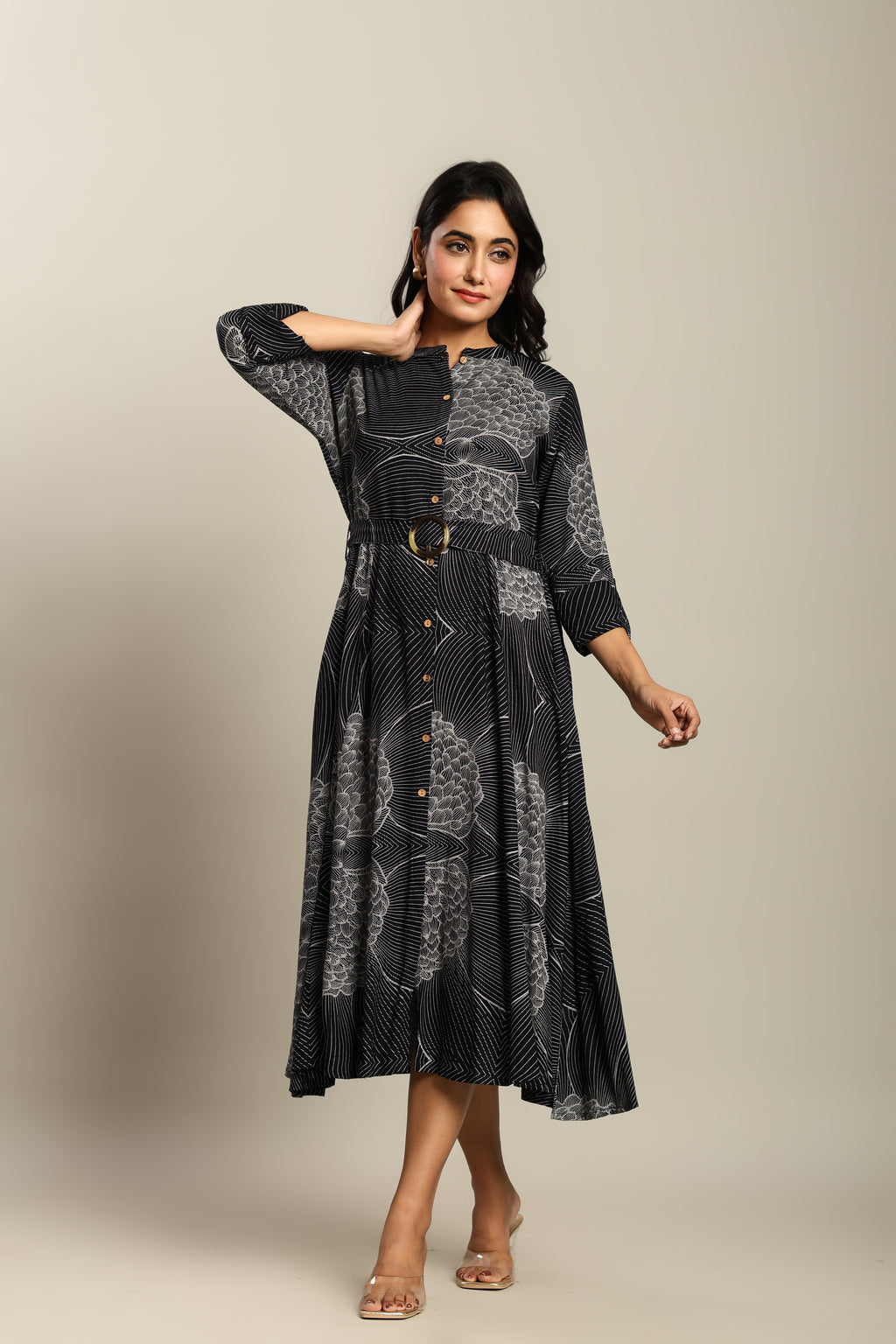 Rayon Printed Fit And Flare Midi Dress