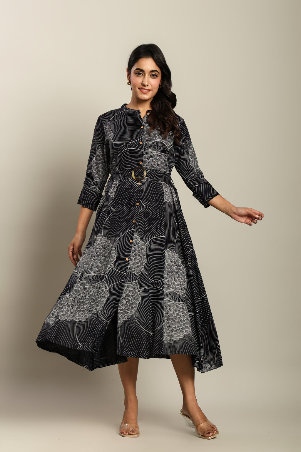 Rayon Printed Fit And Flare Midi Dress