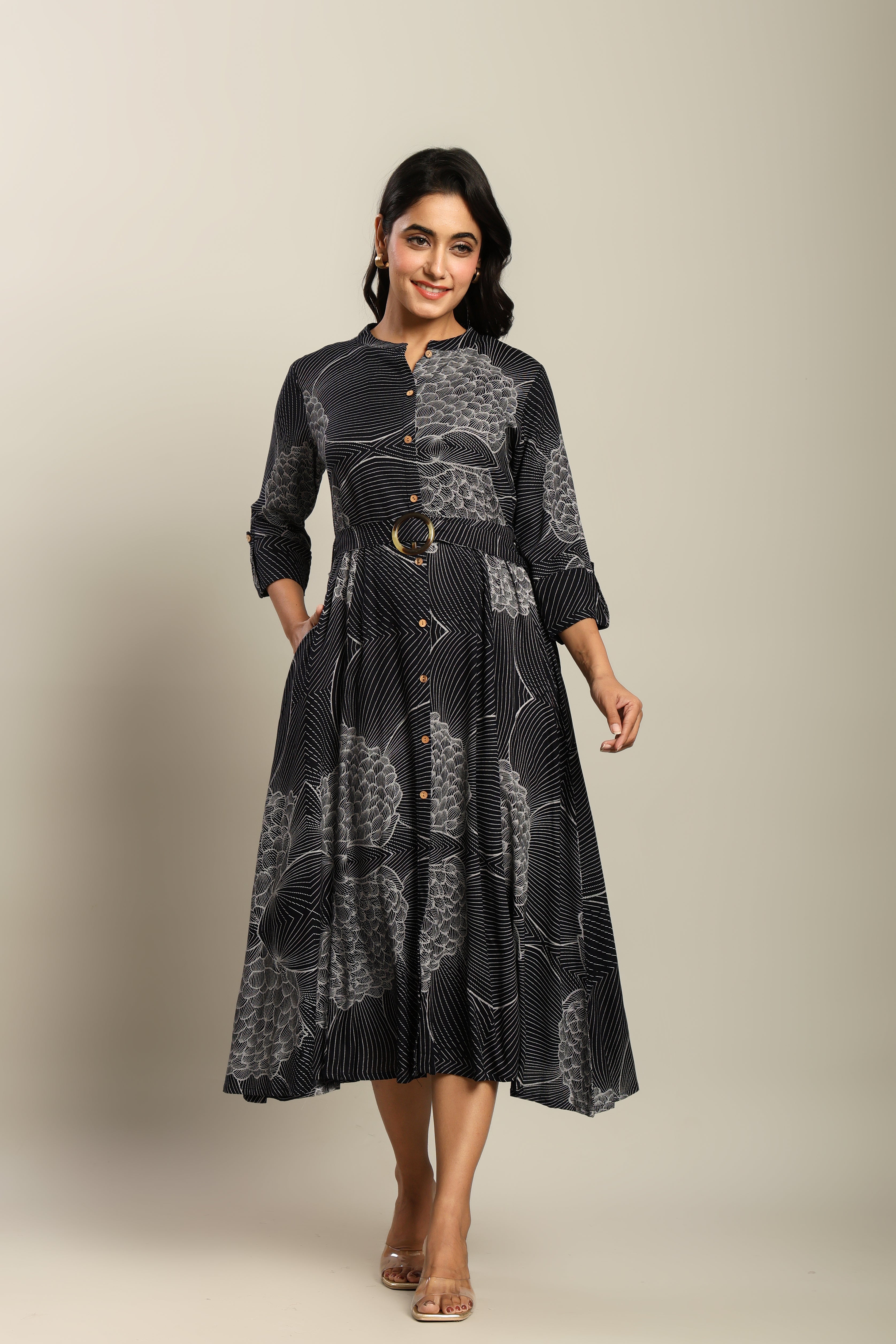 Rayon Printed Fit And Flare Midi Dress