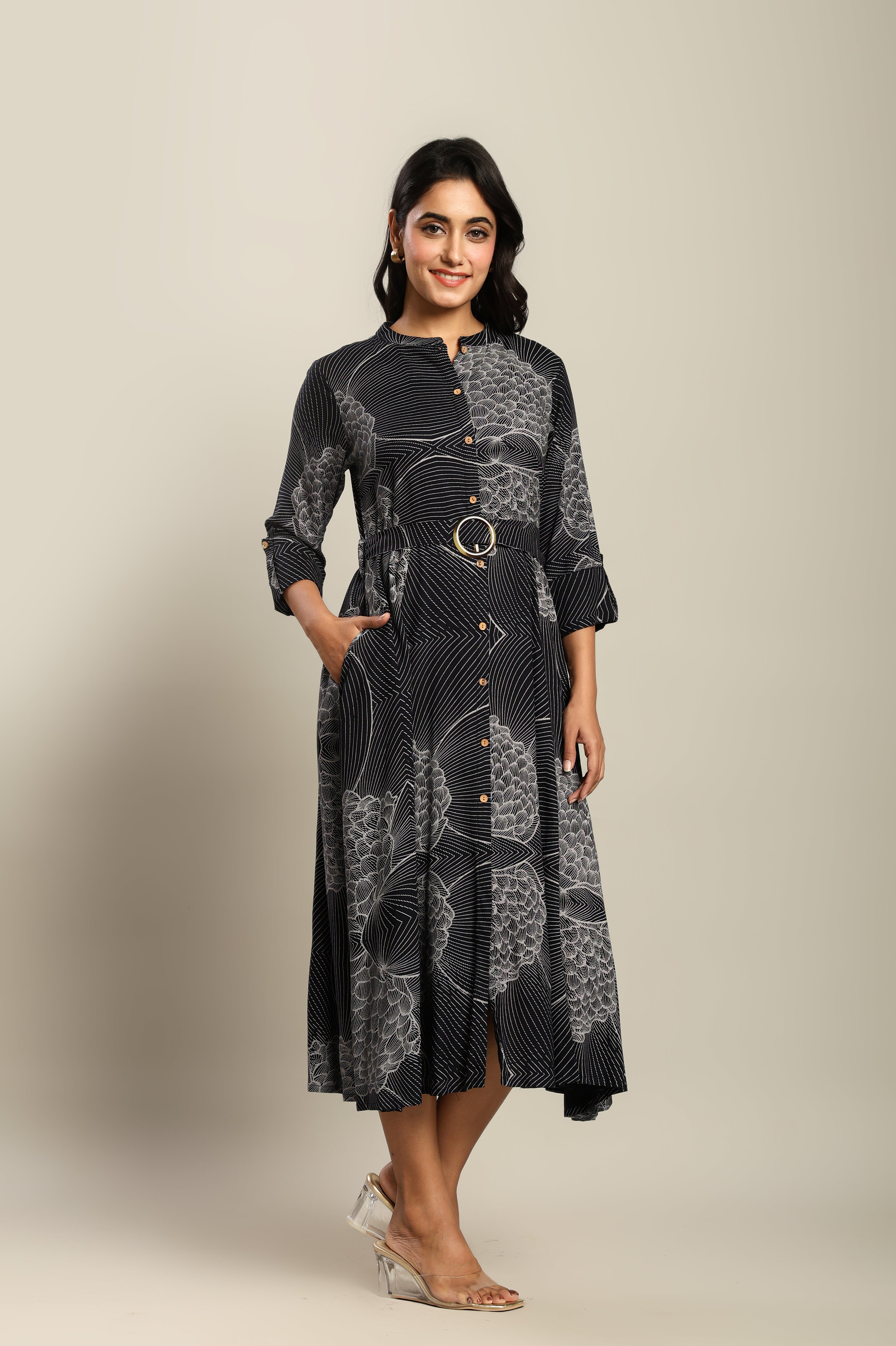 Rayon Printed Fit And Flare Midi Dress