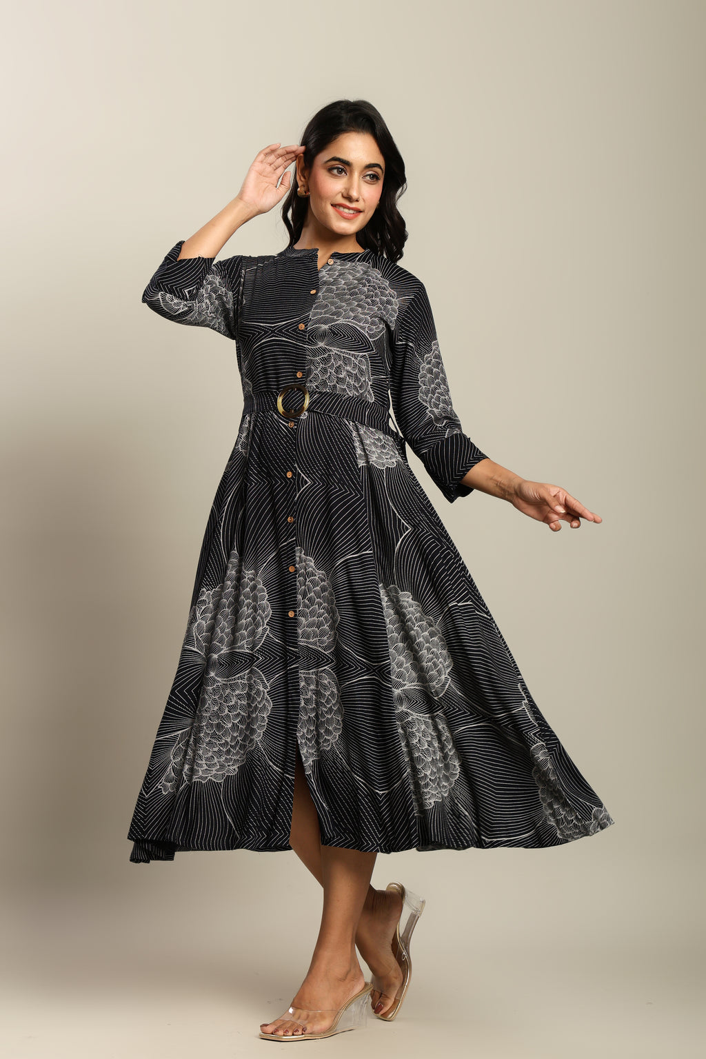 Rayon Printed Fit And Flare Midi Dress