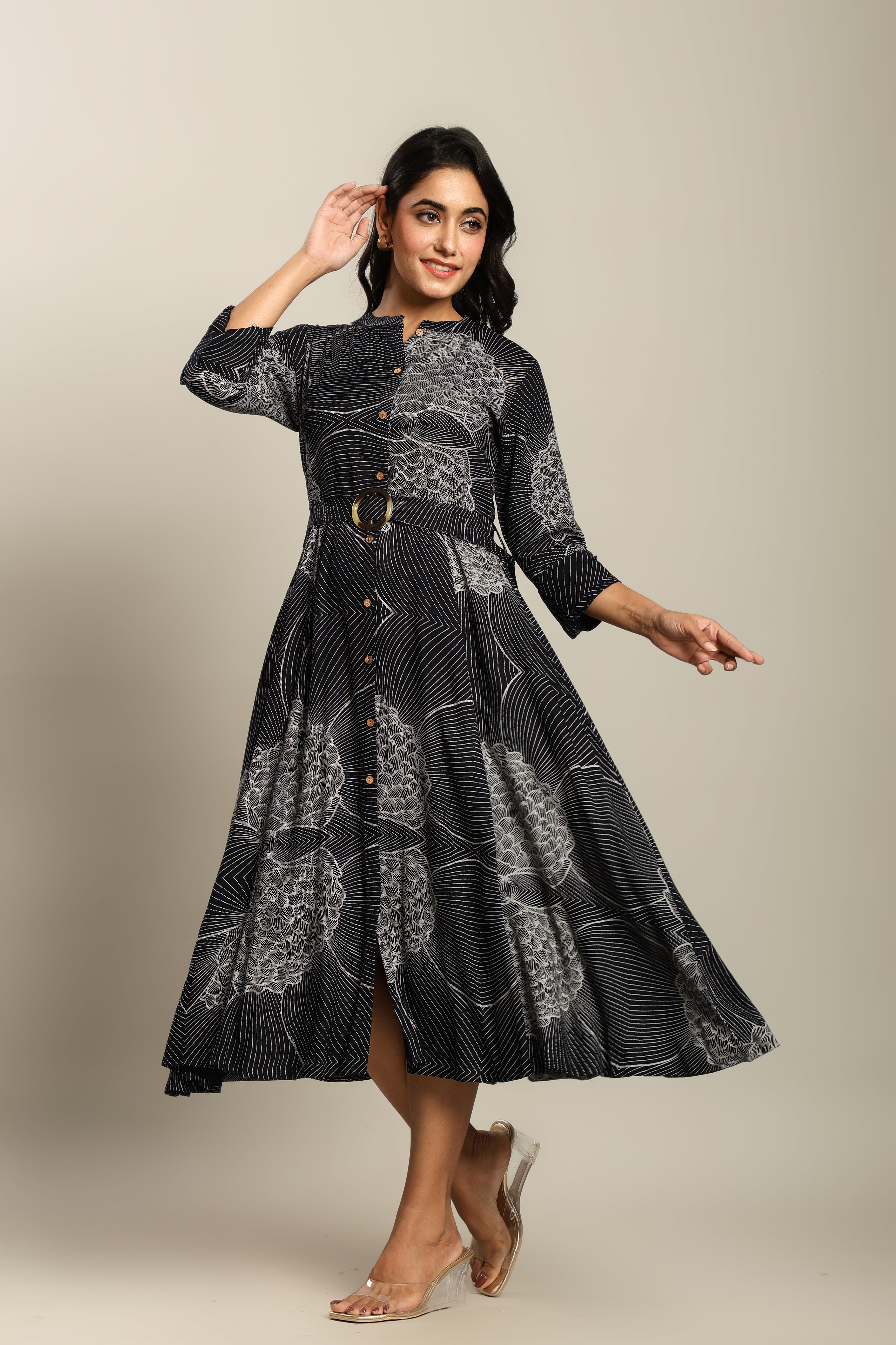 Rayon Printed Fit And Flare Midi Dress