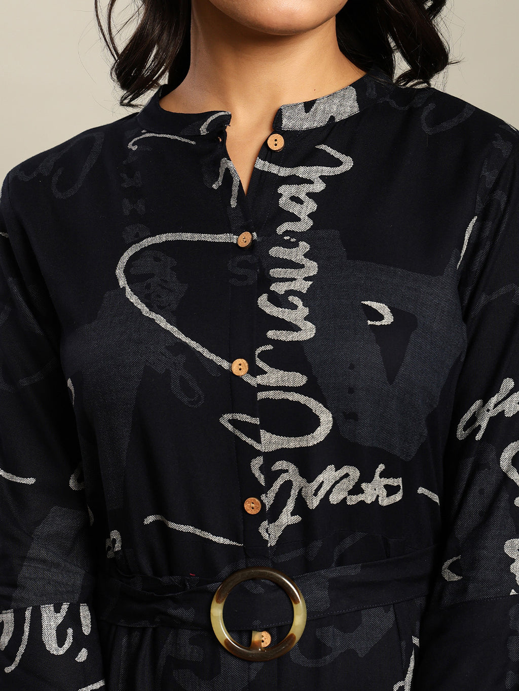 Rayon Navy blue Printed Fit And Flare Maxi Dress