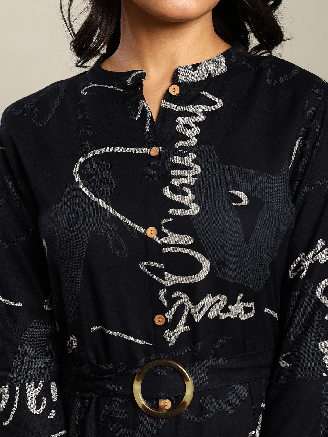 Rayon Navy blue Printed Fit And Flare Maxi Dress