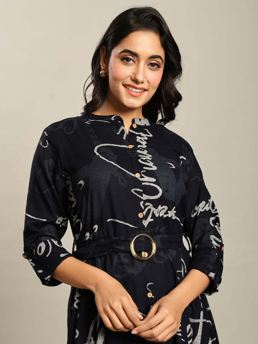 Rayon Navy blue Printed Fit And Flare Maxi Dress