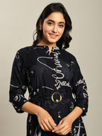 Rayon Navy blue Printed Fit And Flare Maxi Dress