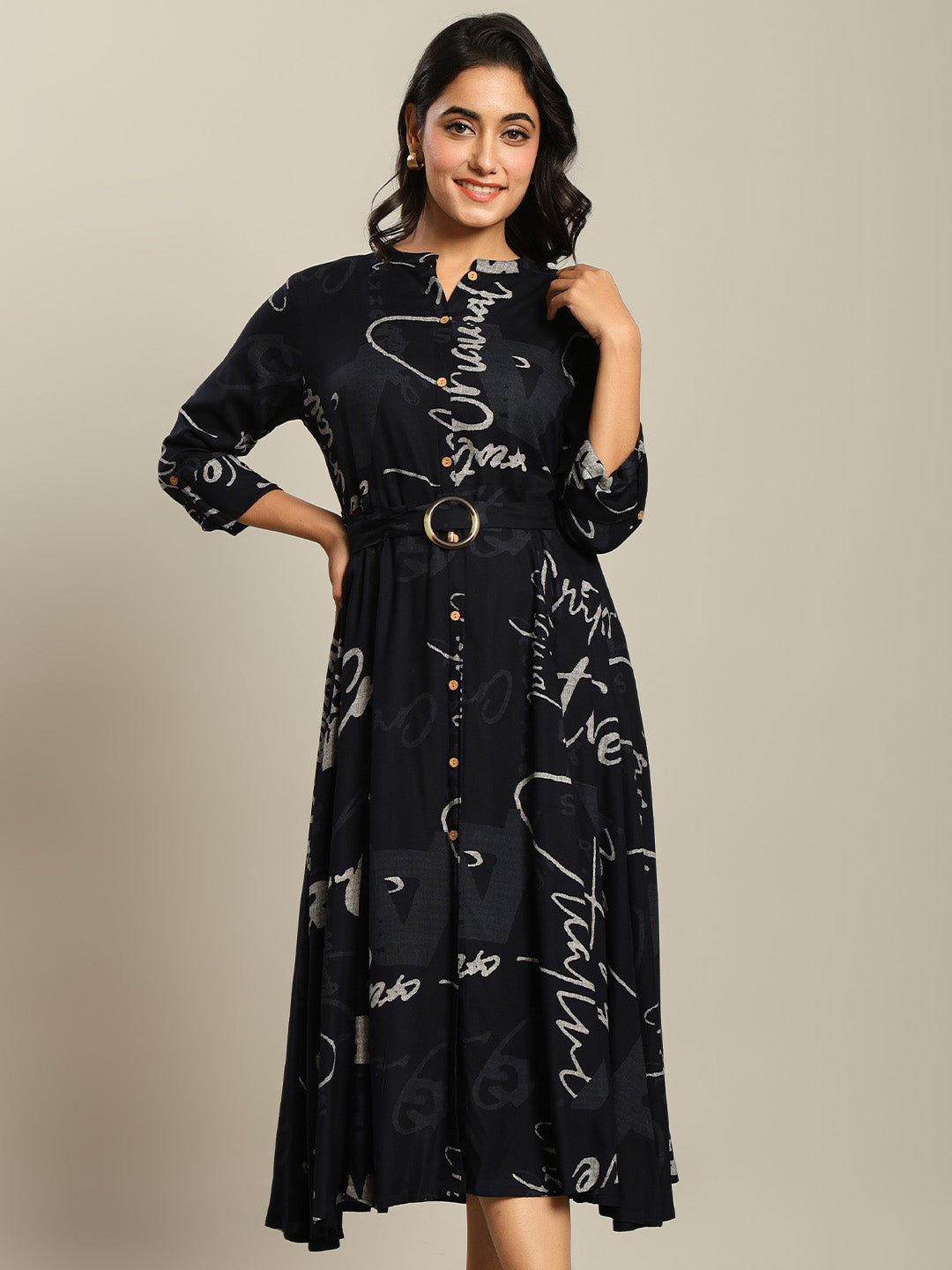 Rayon Navy blue Printed Fit And Flare Maxi Dress
