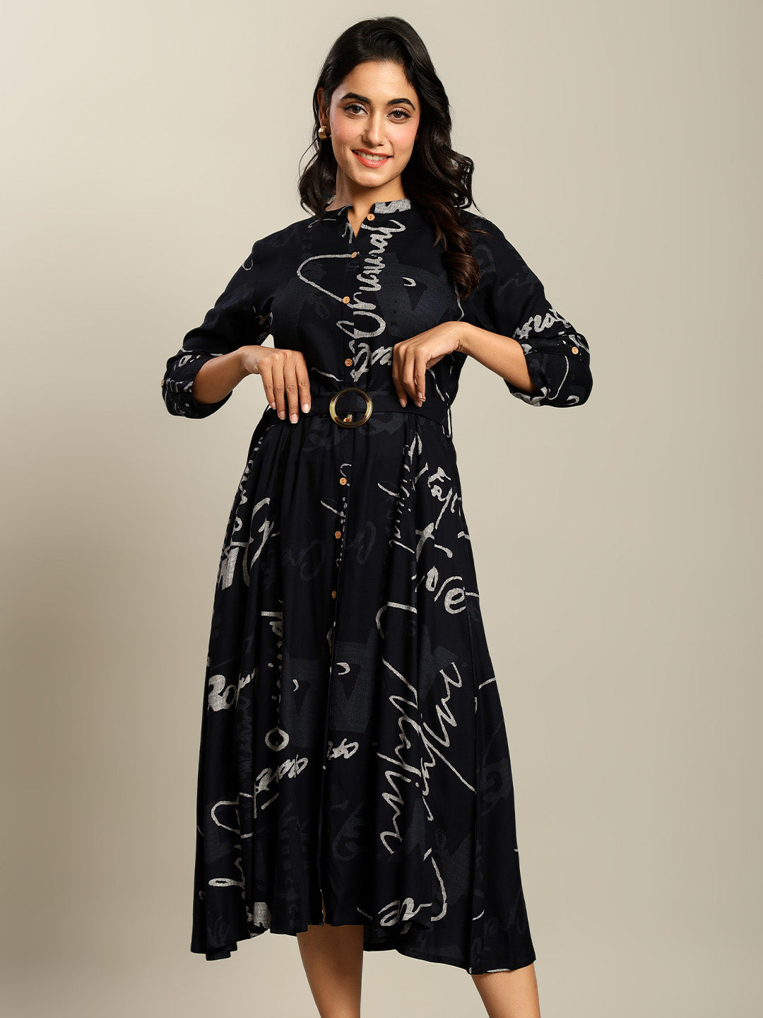 Rayon Navy blue Printed Fit And Flare Maxi Dress