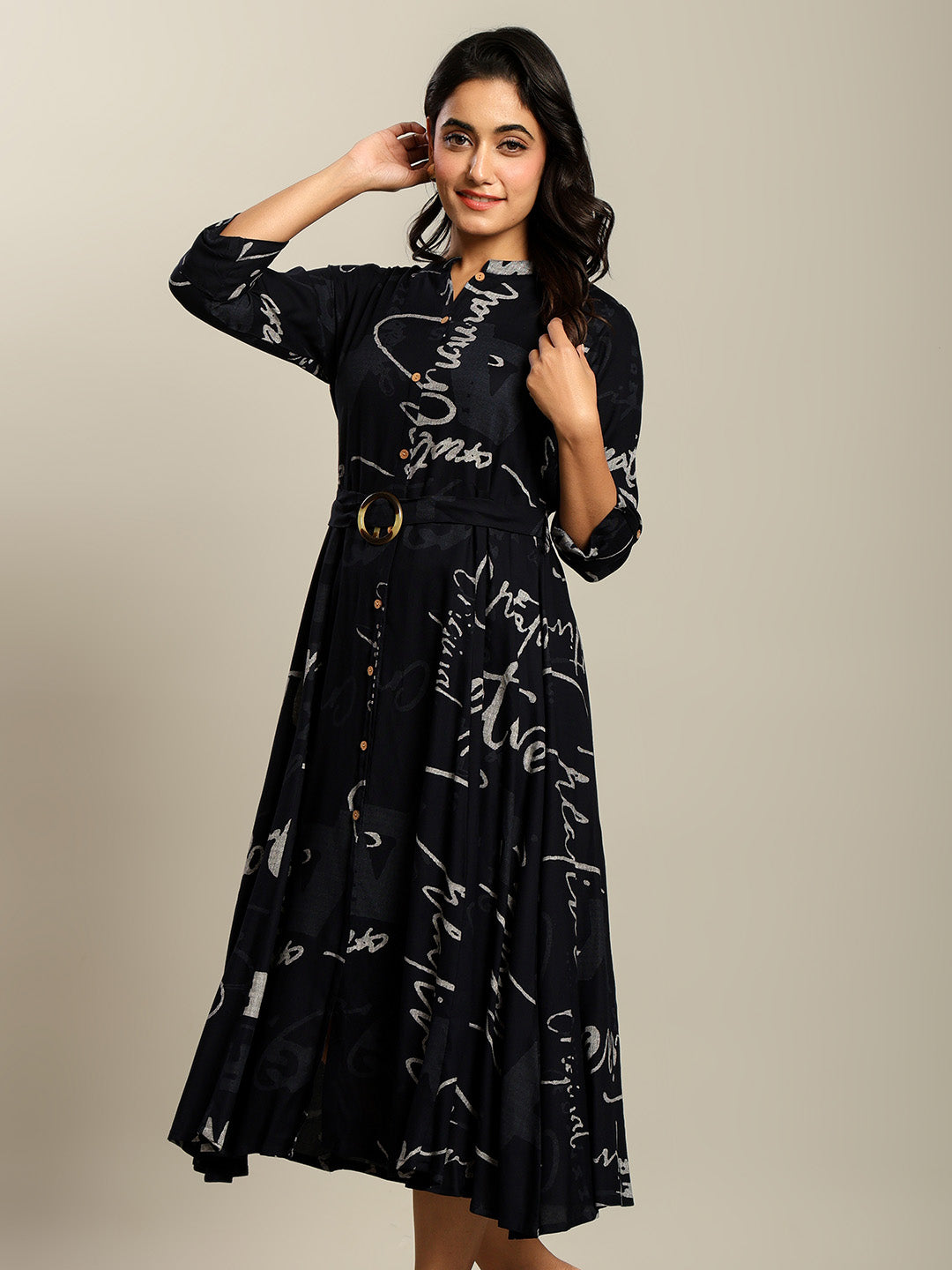 Rayon Navy blue Printed Fit And Flare Maxi Dress