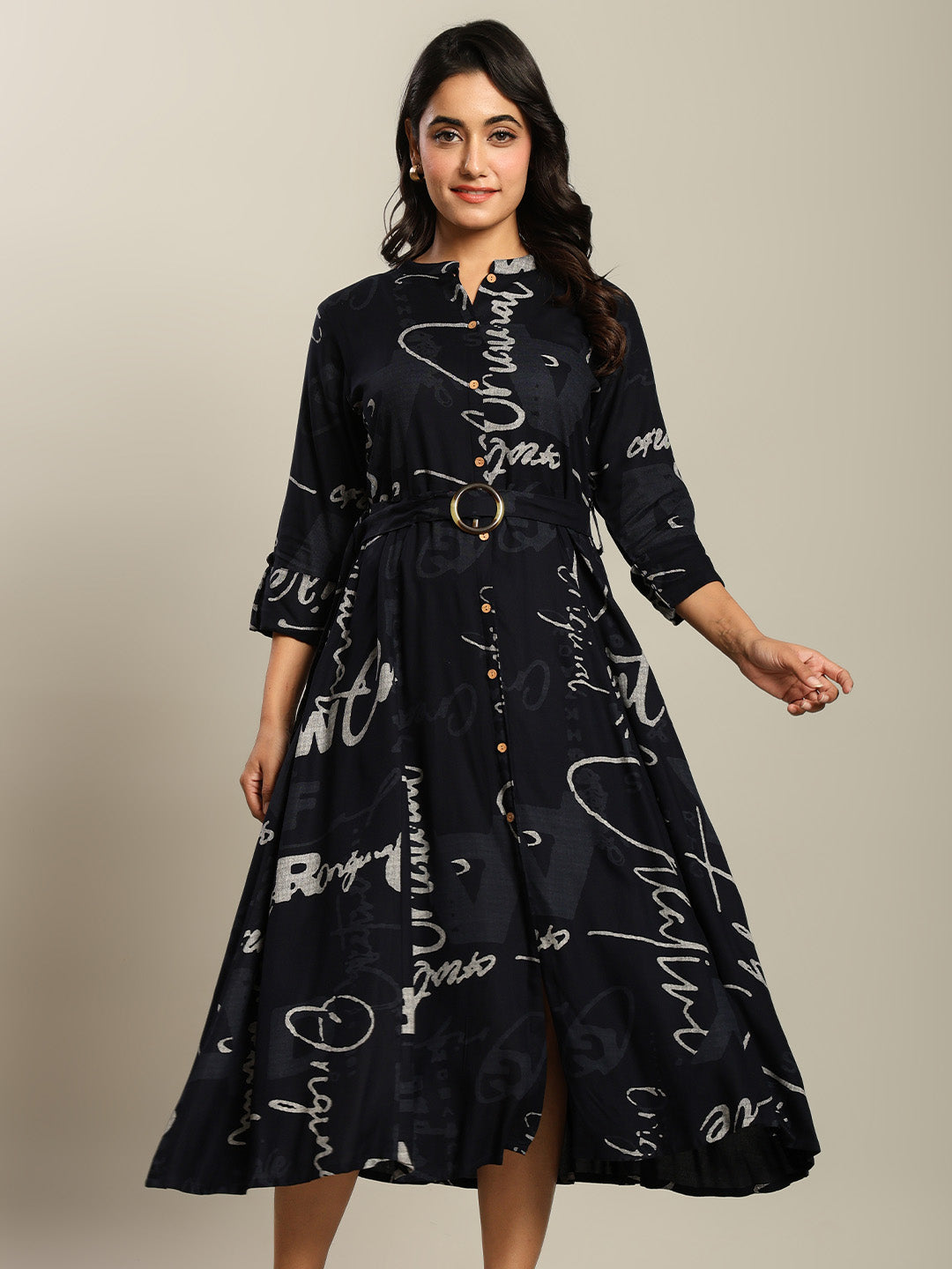 Rayon Navy blue Printed Fit And Flare Maxi Dress