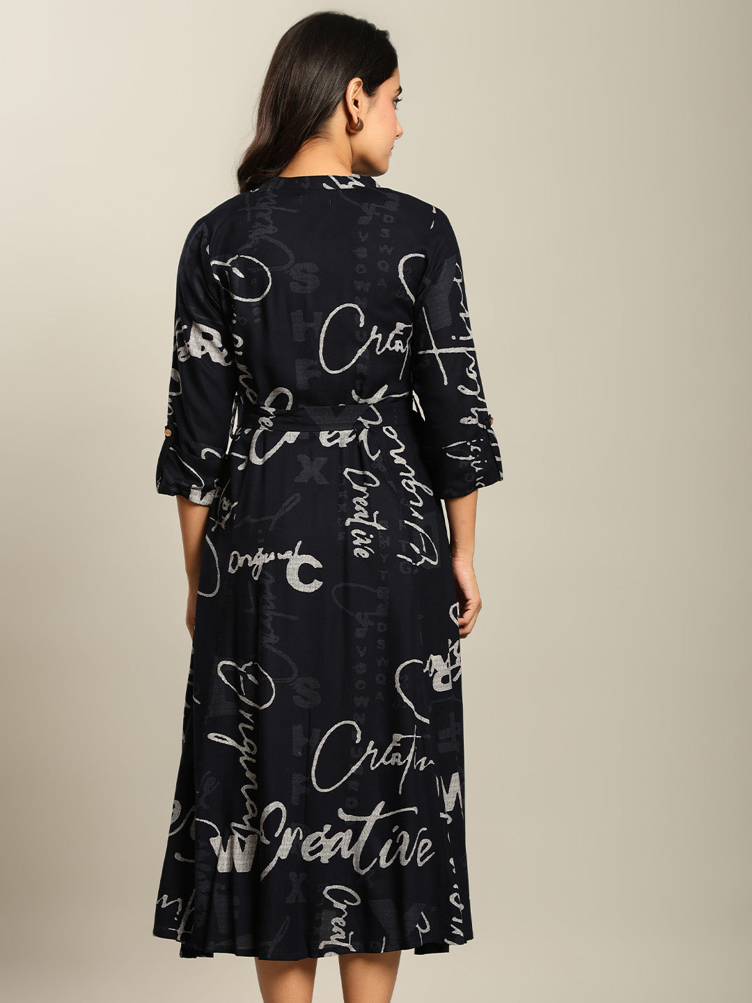 Rayon Navy blue Printed Fit And Flare Maxi Dress