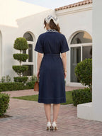 Zummer Women Navy Blue Oversized Embroidered Shirt Dress