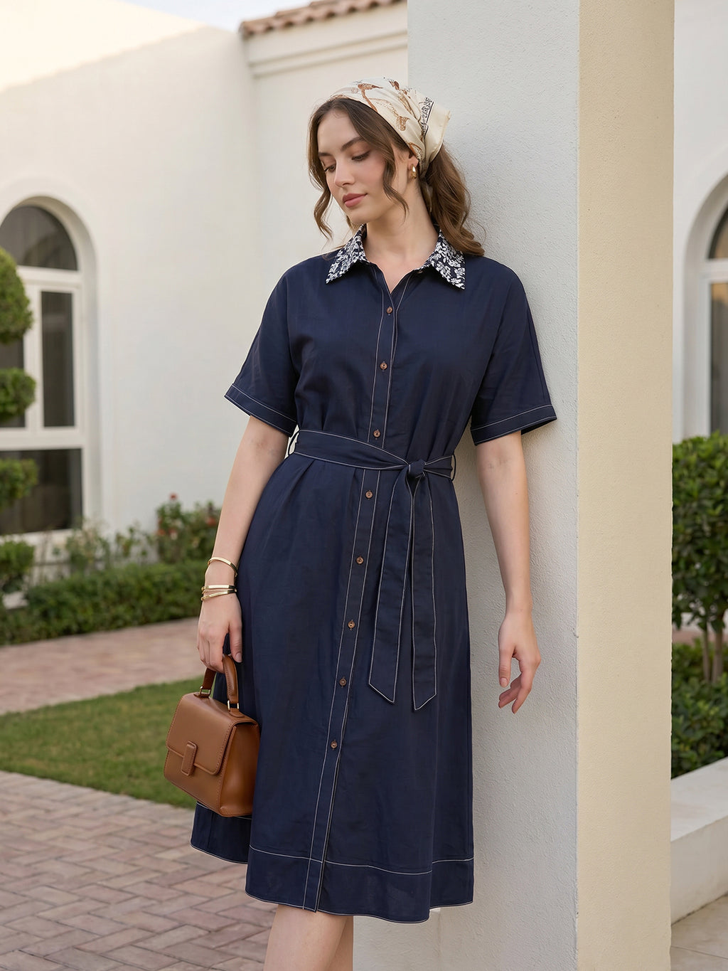 Zummer Women Navy Blue Oversized Embroidered Shirt Dress