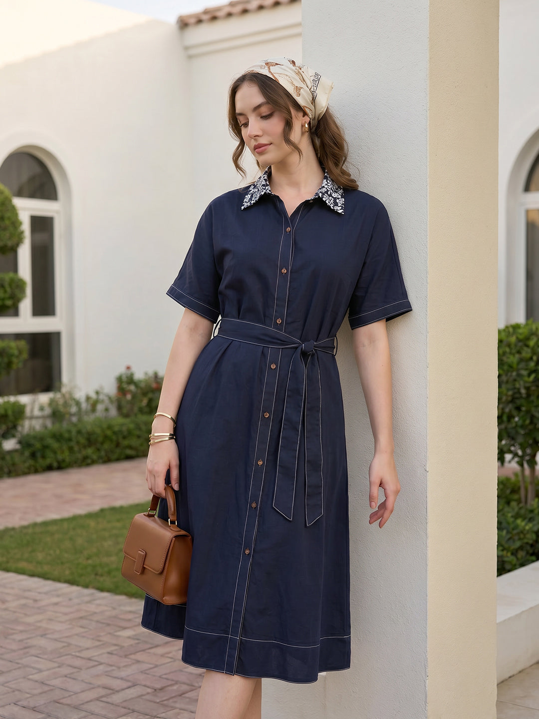 Zummer Women Navy Blue Oversized Embroidered Shirt Dress
