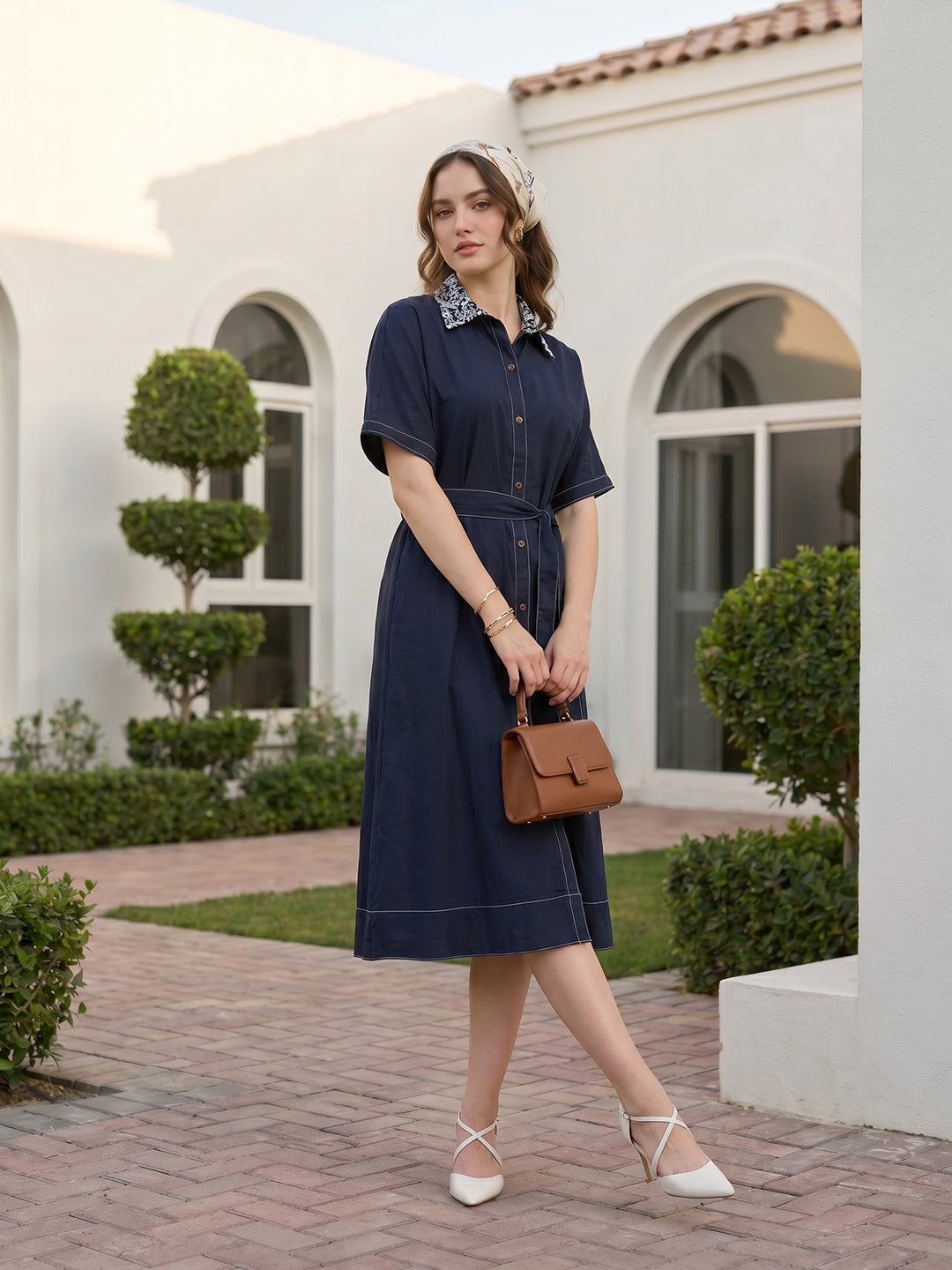 Zummer Women Navy Blue Oversized Embroidered Shirt Dress