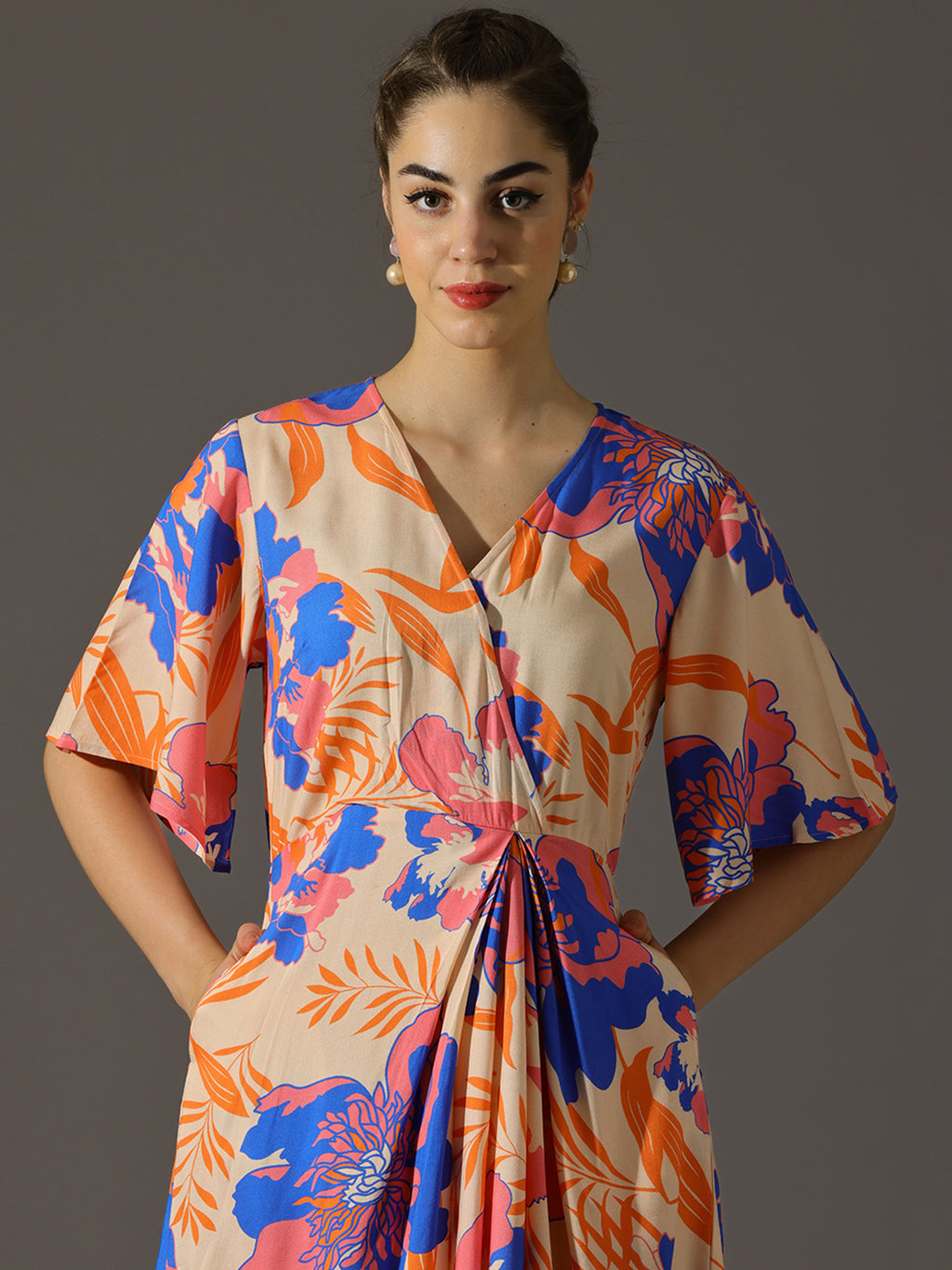 Peach Floral Printed Wrap Midi Dress