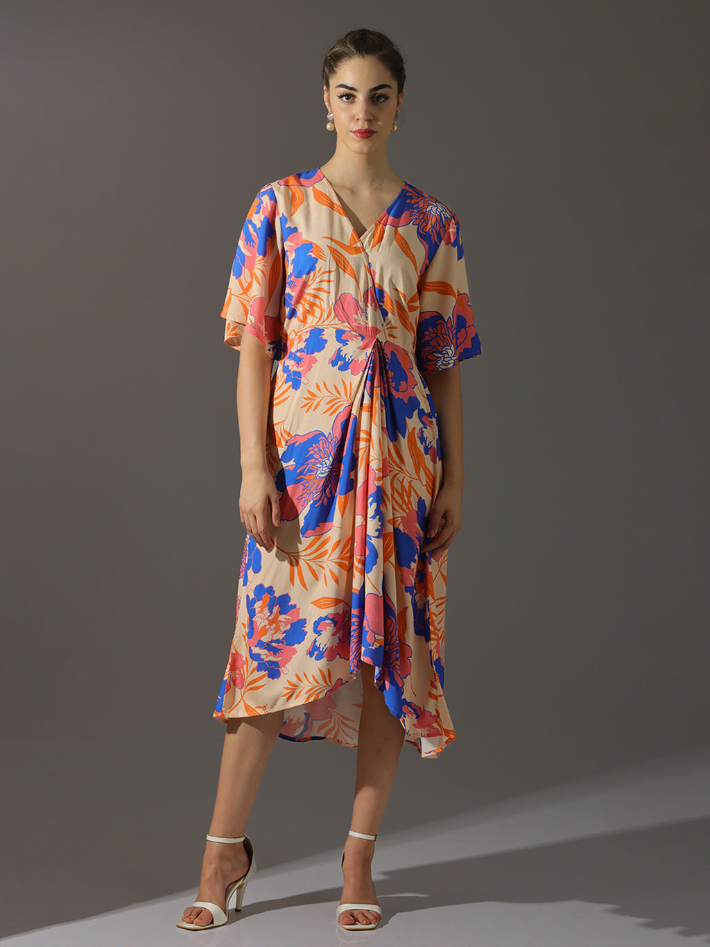 Peach Floral Printed Wrap Midi Dress